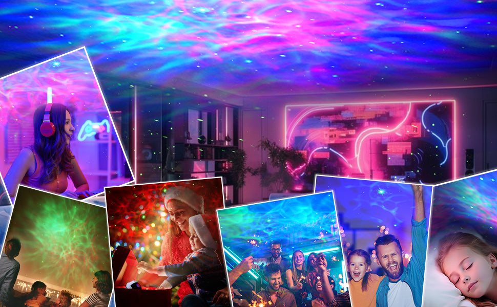 KKUP2U galaxy projector lighting examples for gaming rooms, family nights, celebrations, and kids bedroom night light