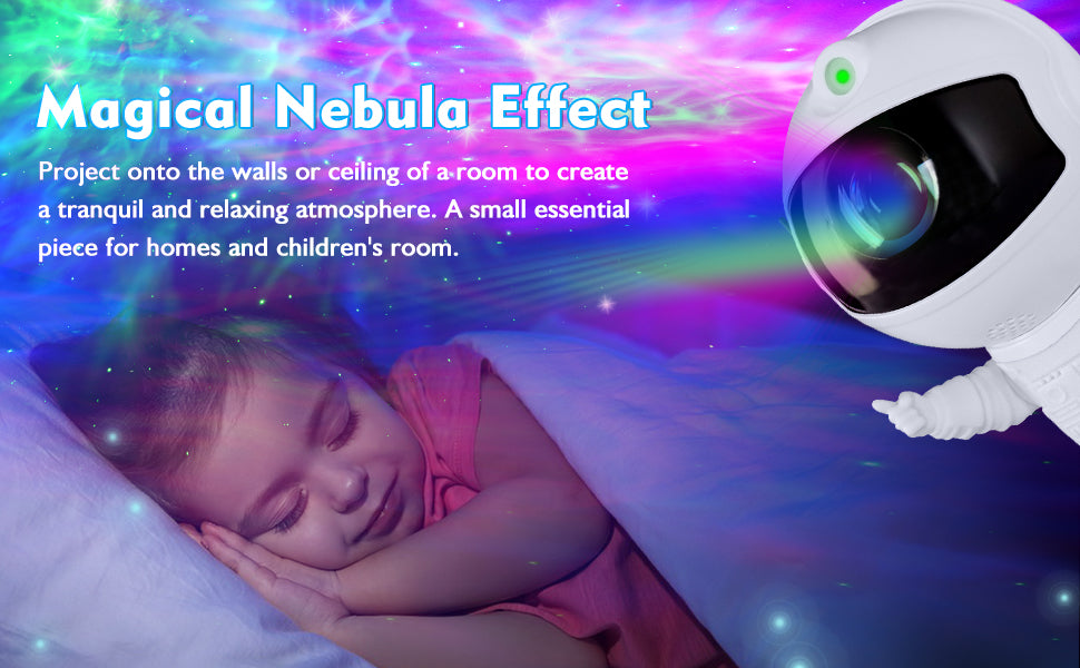 KKUP2U astronaut galaxy projector casting a soft nebula effect on bedroom walls for a calm bedtime atmosphere